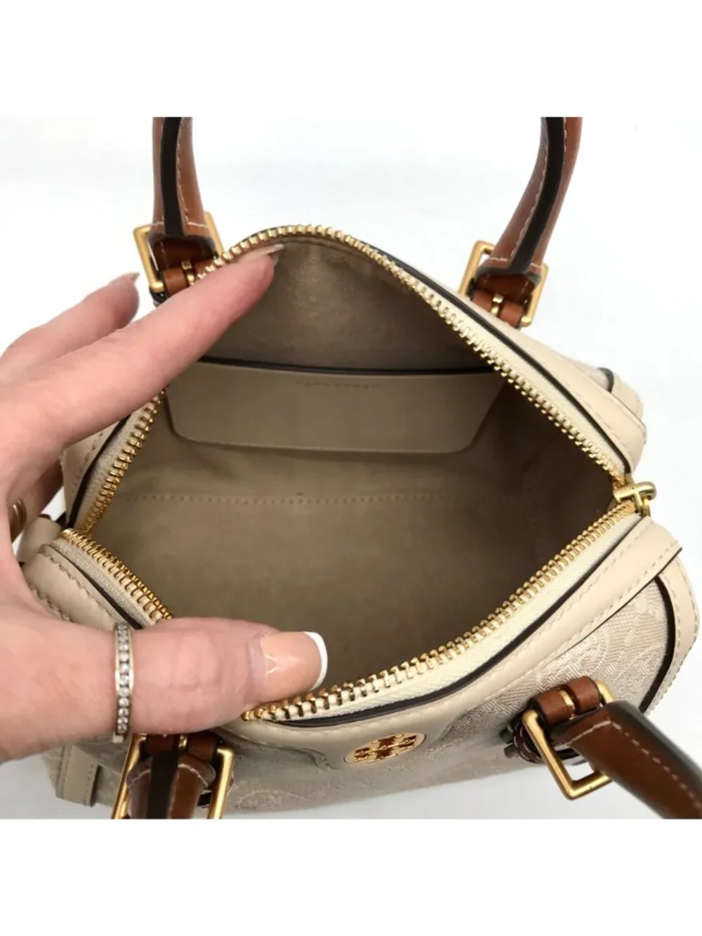 Tory Burch Beige Jacquard Monogram Logo Petite Barrel Bag